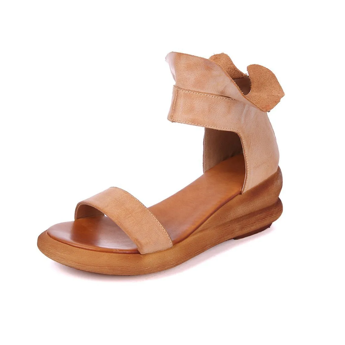 Wedge Sandals Soft Full Grain Leather Wrap Ankle Zip Up Summer Sandals