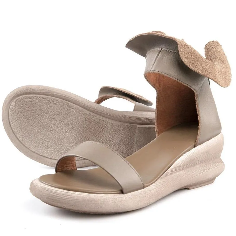 Wedge Sandals Soft Full Grain Leather Wrap Ankle Zip Up Summer Sandals